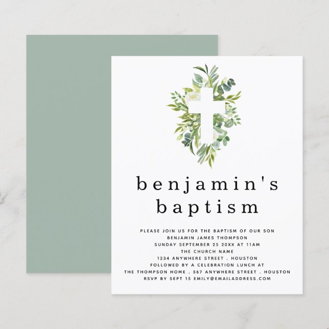 Eukalyptus Cross Taufen Einladung (Vorne/Hinten)