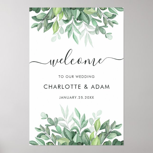 Eukalyptus Custom White Green Wedding Willkommensz Poster (Vorne)