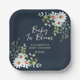 Eukalyptus & Daisy Navy Blue Baby Showdusche Pappteller