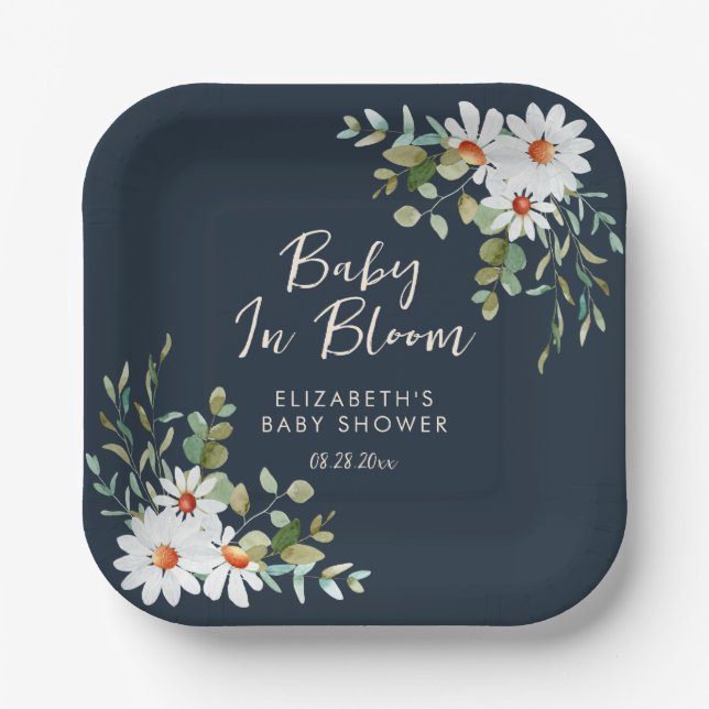 Eukalyptus & Daisy Navy Blue Baby Showdusche Pappteller (Vorderseite)