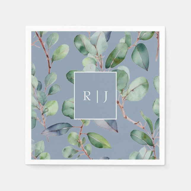 Eukalyptus Dusty Blue Monogram Greenerity Wedding Serviette (Vorderseite)