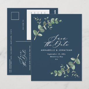 Eukalyptus elegante marineblaue Hochzeit speichern Postkarte