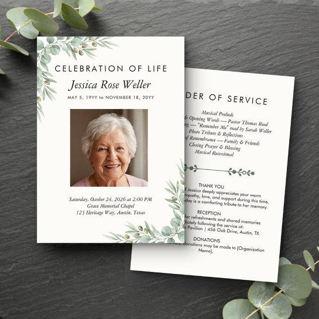Eukalyptus-Feier-des-Lebens-Foto-Programm Einladung (Order of Service card from the Eucalyptus Celebration of Life collection by Darling & May)
