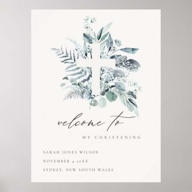 Eukalyptus Fern Fauna Cross Christening Willkommen Poster (Vorne)