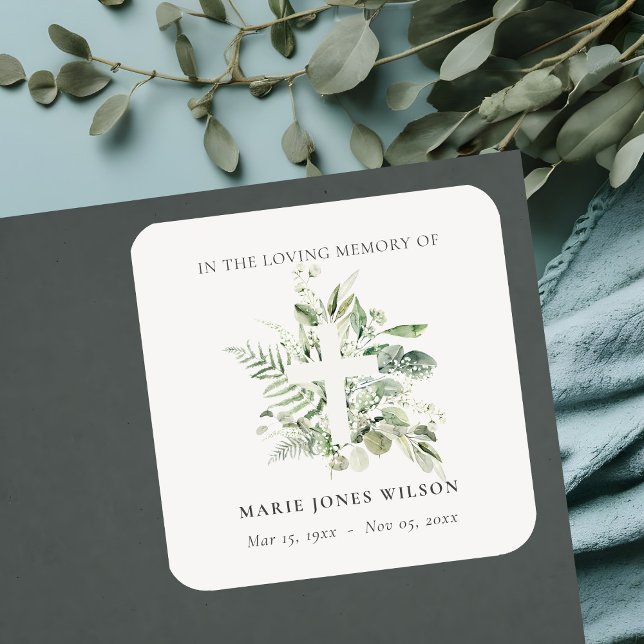 Eukalyptus Fern Fauna Cross Memorial Beileid Quadratischer Aufkleber (Von Creator hochgeladen)