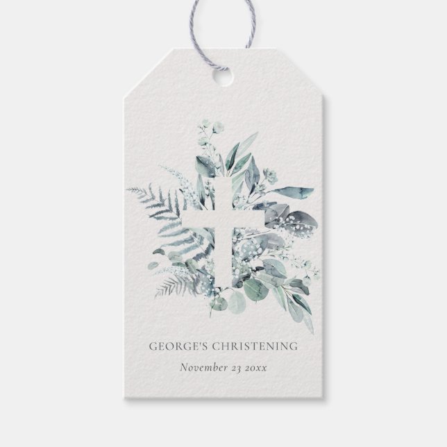 Eukalyptus fern Foliage Cross Christening Geschenkanhänger (Vorderseite)