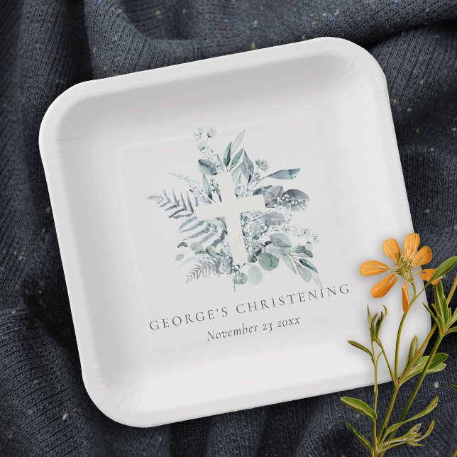 Eukalyptus fern Foliage Cross Christening Pappteller (Von Creator hochgeladen)