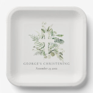 Eukalyptus fern Foliage Cross Christening Pappteller