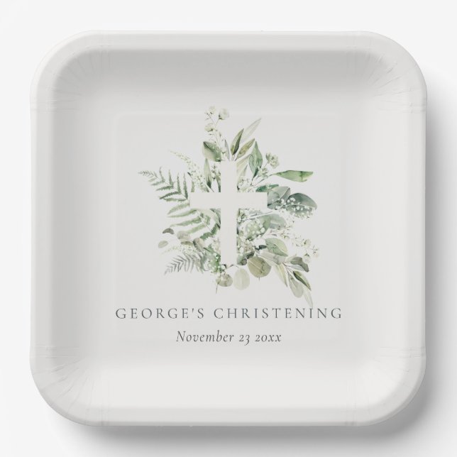 Eukalyptus fern Foliage Cross Christening Pappteller (Vorderseite)