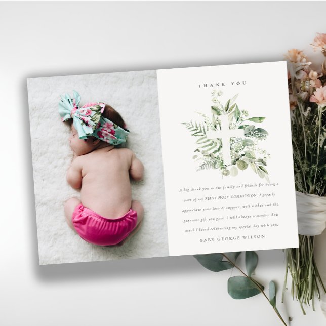 Eukalyptus Fern Foliage Cross Erste Heilige Kommun Dankeskarte (Von Creator hochgeladen)