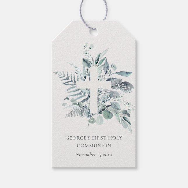 Eukalyptus Fern Foliage Cross Erste Heilige Kommun Geschenkanhänger (Vorderseite)