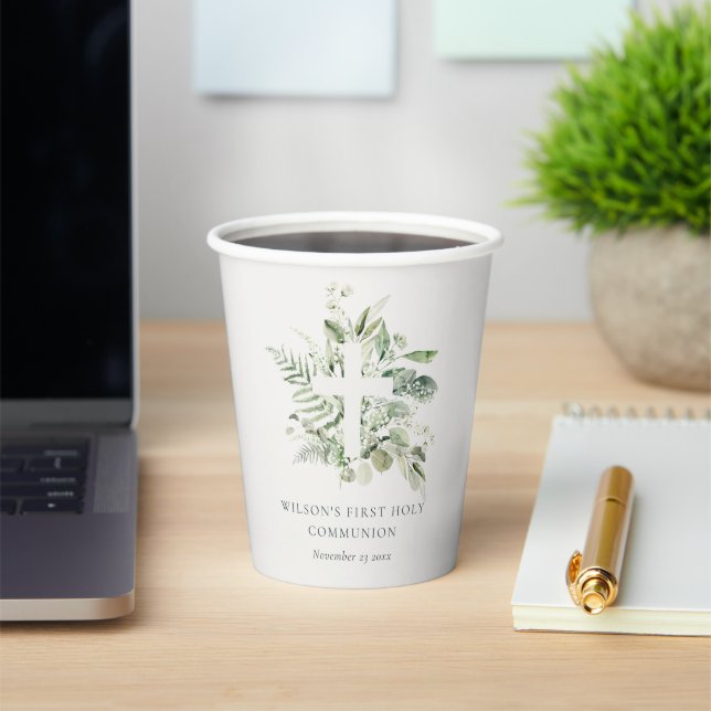 Eukalyptus Fern Foliage Cross Erste Heilige Kommun Pappbecher (InSitu)