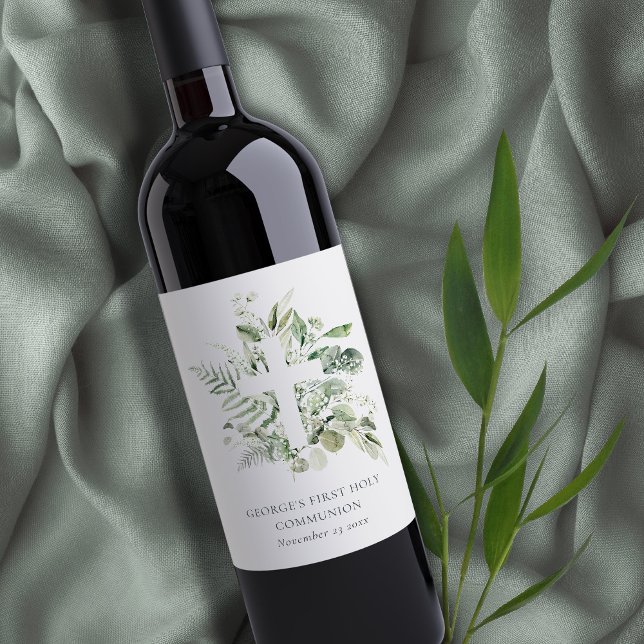 Eukalyptus Fern Foliage Cross Erste Heilige Kommun Weinetikett (Von Creator hochgeladen)