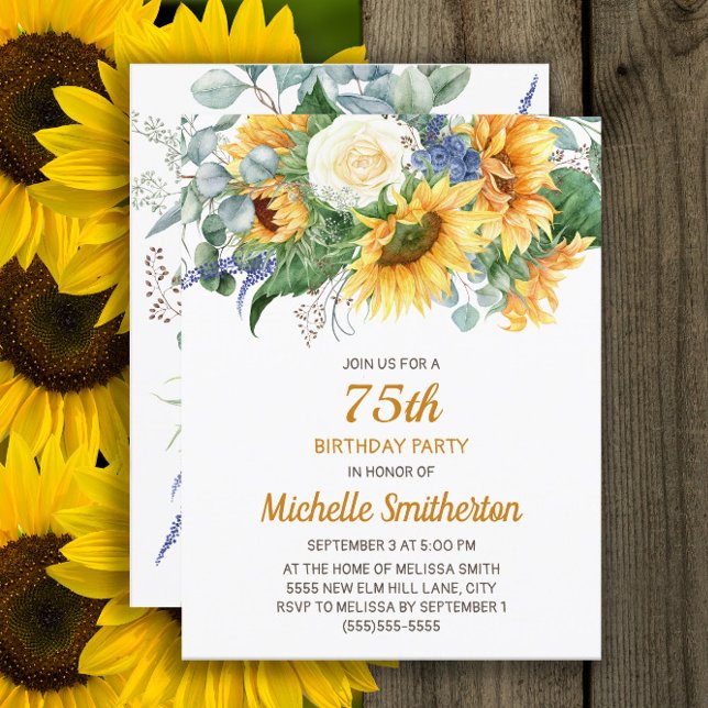 Eukalyptus floral 75. Geburtstag Karte (Sunflowers and eucalyptus 75th birthday party invitation, customized with your text)