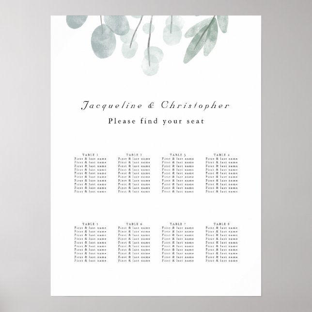 Eukalyptus Floral 8 Tabelle Hochzeitskarte Poster (Vorne)