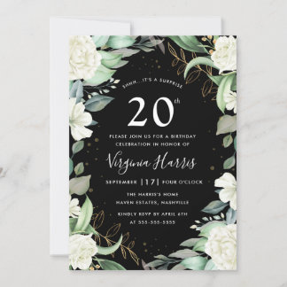 Eukalyptus Floral Black 20. Geburtstag Einladung
