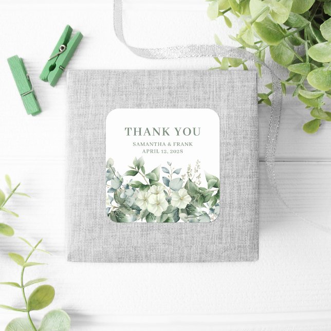 Eukalyptus Floral Border Wedding Vielen Dank Quadratischer Aufkleber (Wedding Favor Stickers)
