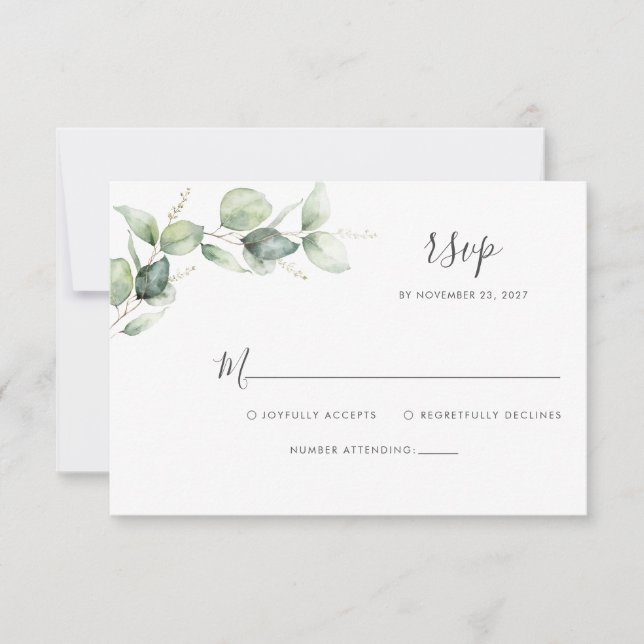 Eukalyptus Floral Botanical Script Wedding RSVP Karte (Vorderseite)