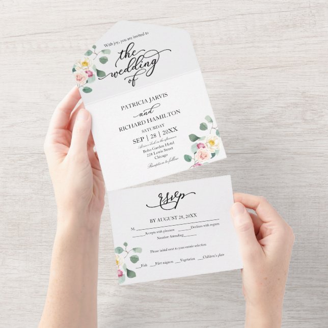 Eukalyptus Floral Calligraphy Wedding All In One Einladung (Abreißen)