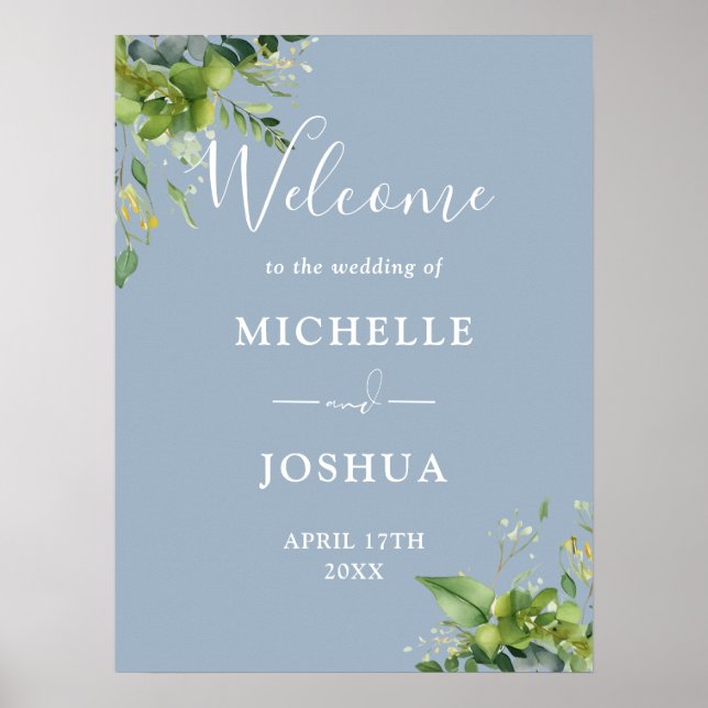 Eukalyptus Floral Dusty Blue Wedding Welcome Sign Poster (Vorne)