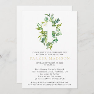 Eukalyptus Floral Grüntöne Aquarellkreuztaufe Einladung