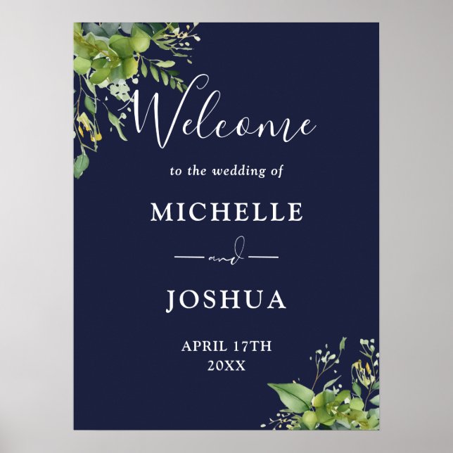 Eukalyptus Floral Navy Blue Wedding Willkommenszei Poster (Vorne)