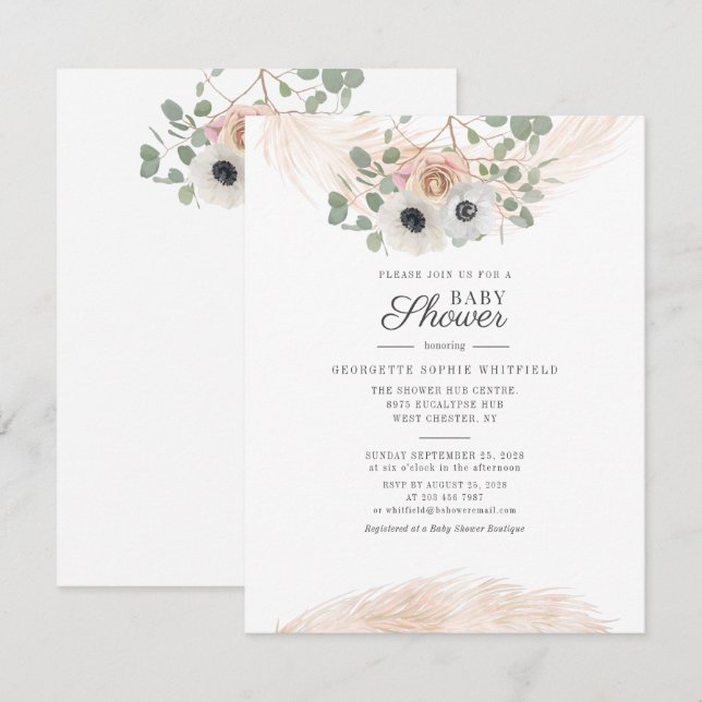 Eukalyptus Floral Pampas Grass Script Baby Showdus Einladung (Vorne/Hinten)