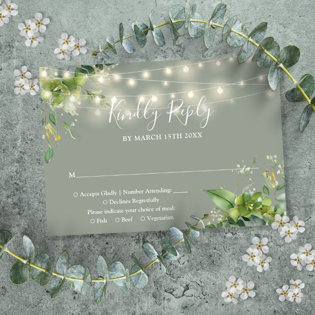 Eukalyptus Floral String Lights Sage Green Wedding RSVP Karte (Eucalyptus Floral String Lights Sage Green Wedding RSVP Card)