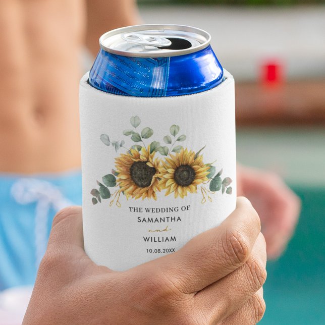 Eukalyptus Floral Sunflower Moderne Hochzeit Dosenkühler (Sunflower and Eucalyptus Floral Wedding Party Swag Can Cooler)