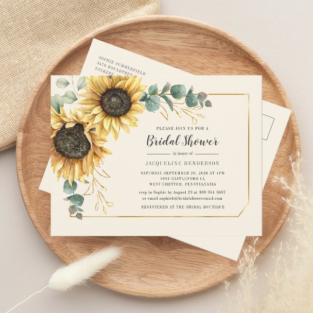 Eukalyptus Floral Sunflower Script-Brautparty Einladungspostkarte (Floral Sunflower Eucalyptus Greenery Bridal Shower Invitation Postcard)