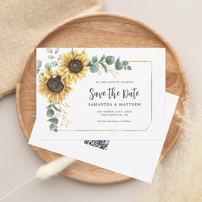 Eukalyptus floral Website QR Code Save The Date (Sunflower Floral Eucalyptus Wedding Save the Date Morgana Script QR Code Announcement)