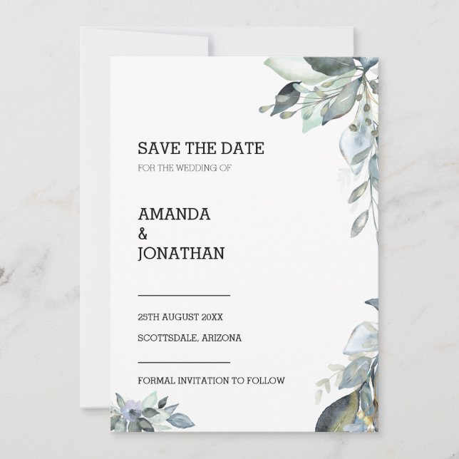 Eukalyptus Floral Wedding Save the Date Card Einladung (Vorderseite)