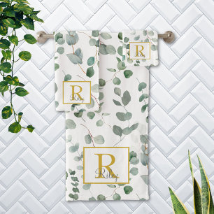 Eukalyptus florales Monogramm-Watercolor-Muster Badhandtuch Set