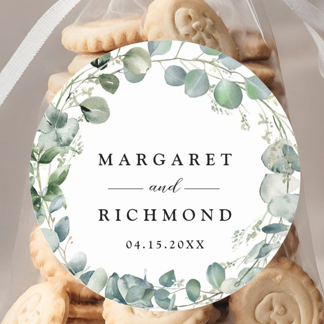 Eukalyptus Foliage Elegante Grüne Hochzeit Runder Aufkleber (Von Creator hochgeladen)