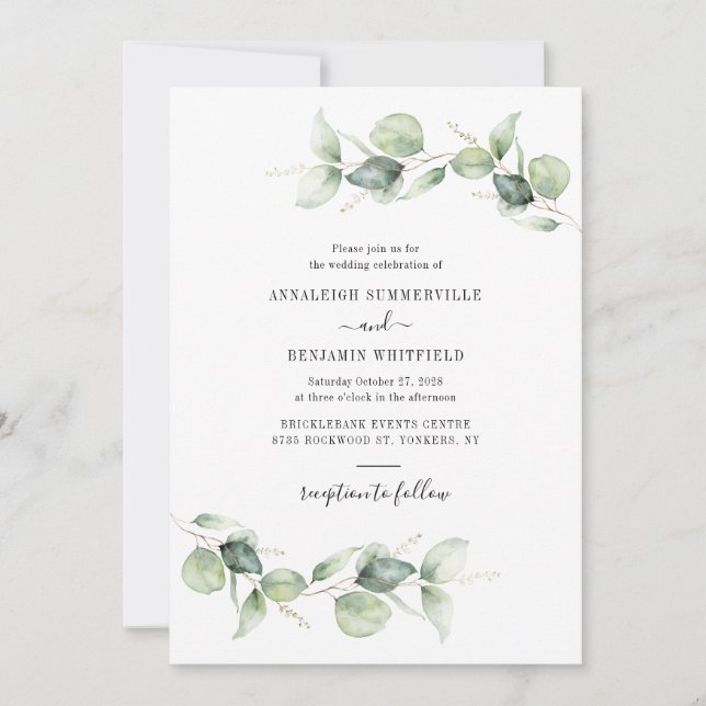 Eukalyptus Foliage Greenerity Script Wedding Einladung (Vorderseite)