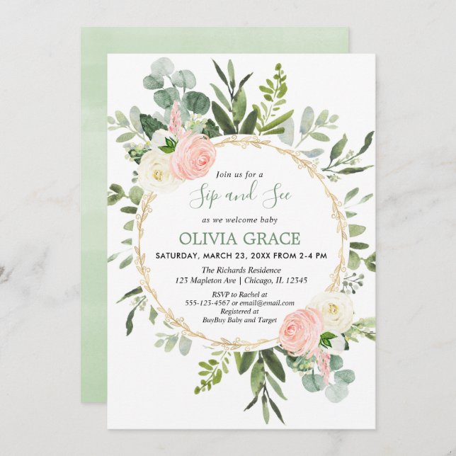 Eukalyptus foliage rosa goldenes Mädchen schluchze Einladung (Vorne/Hinten)