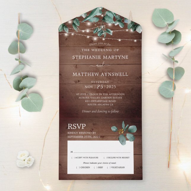 Eukalyptus Foliage Rustic Lights Wood Wedding All In One Einladung (Von Creator hochgeladen)