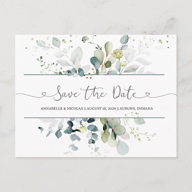 Eukalyptus Foliage Save the Date Postkarte (Vorderseite)