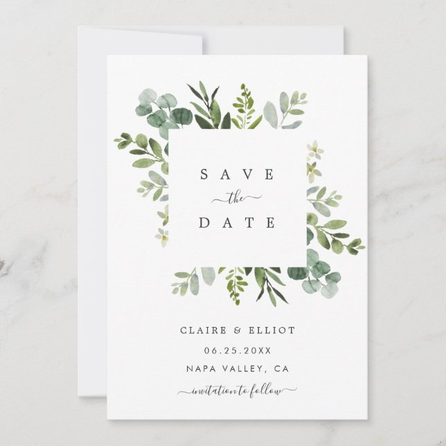 Eukalyptus Foliage Square Frame Save the Date Kart (Vorderseite)