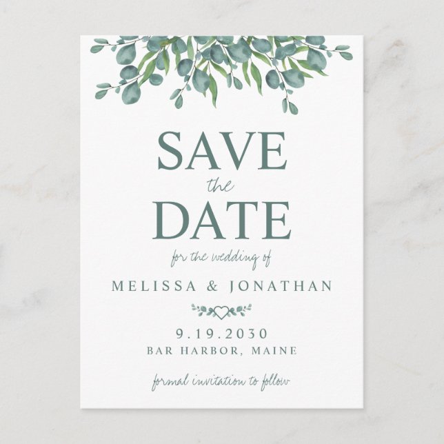 Eukalyptus Foliage Wedding Save the Date Postkarte (Vorderseite)