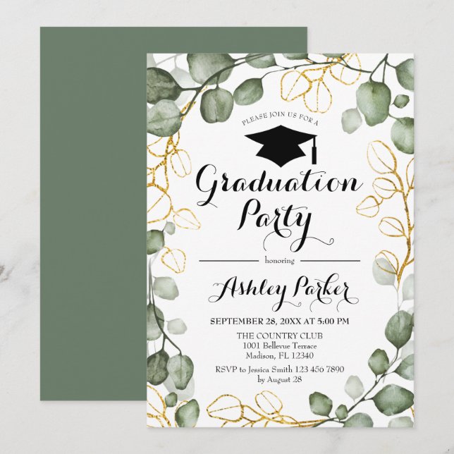 Eukalyptus Foliage Wreath Graduation Party Einladung (Vorne/Hinten)