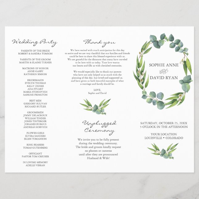 Eukalyptus Foliage Wreath Tri+Falten Hochzeitsprog Flyer (Vorne)
