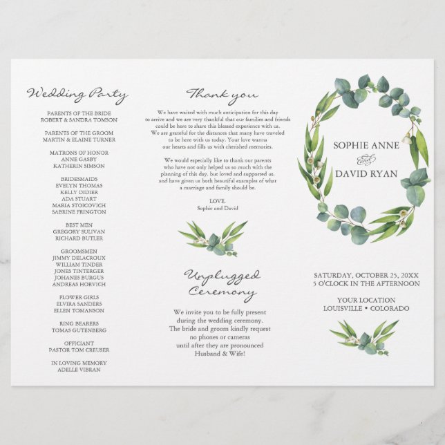 Eukalyptus Foliage Wreath Tri+Falten Hochzeitsprog Flyer (Vorne)