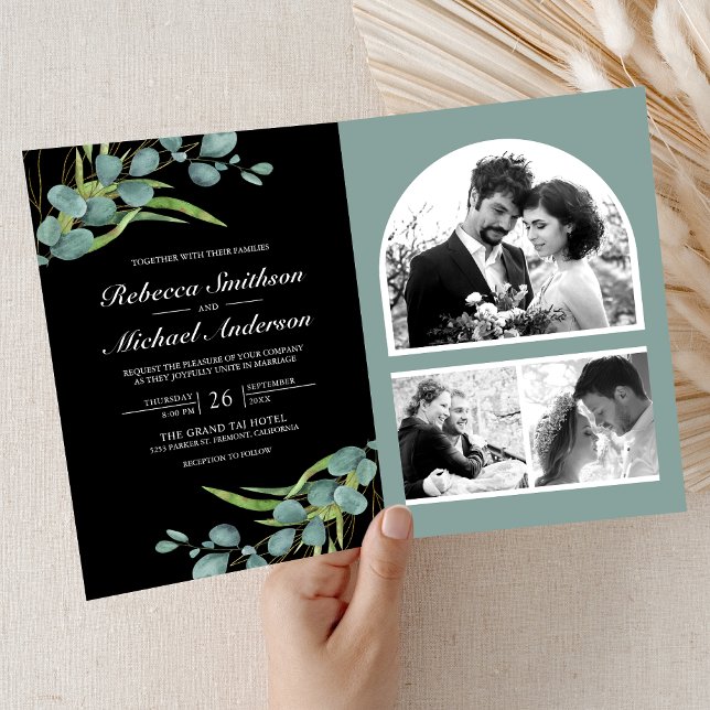 Eukalyptus-Foto-Collage QR-Code schwarze Hochzeit Einladung (Von Creator hochgeladen)