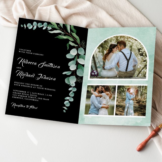 Eukalyptus-Foto-Collage QR-Code schwarze Hochzeit Einladung (Von Creator hochgeladen)