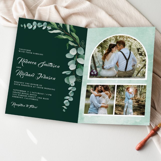 Eukalyptus-Foto-Collage-QR-Code Smaragd-Hochzeit Einladung (Von Creator hochgeladen)
