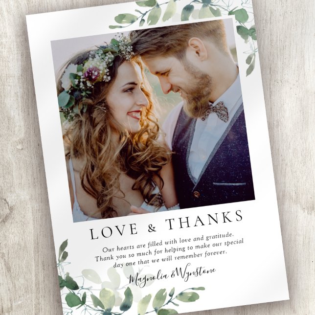 Eukalyptus-Foto Dankeskarte (Thank friends and family for celebrating your wedding with this eucalyptus photo thank you card. )