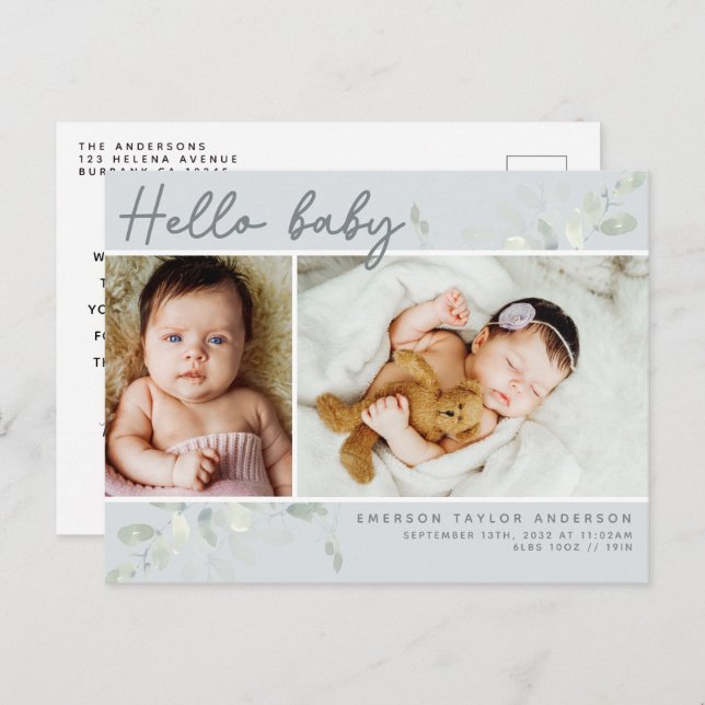 Eukalyptus Foto Hallo Baby Ankündigung Postkarte (Vorne/Hinten)