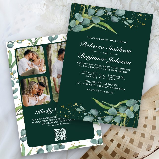 Eukalyptus Foto QR Code Smaragdgrüne Hochzeit Einladung (Von Creator hochgeladen)