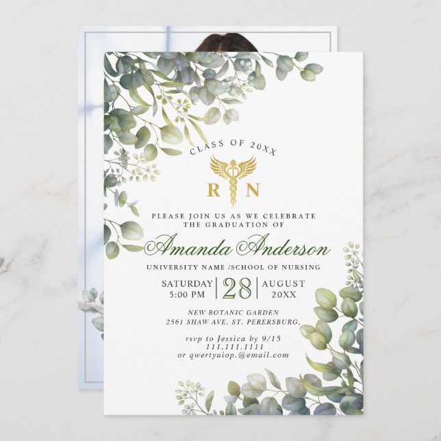 Eukalyptus-FOTO Wasserfarbe Abschluss Einladung (Vorne/Hinten)